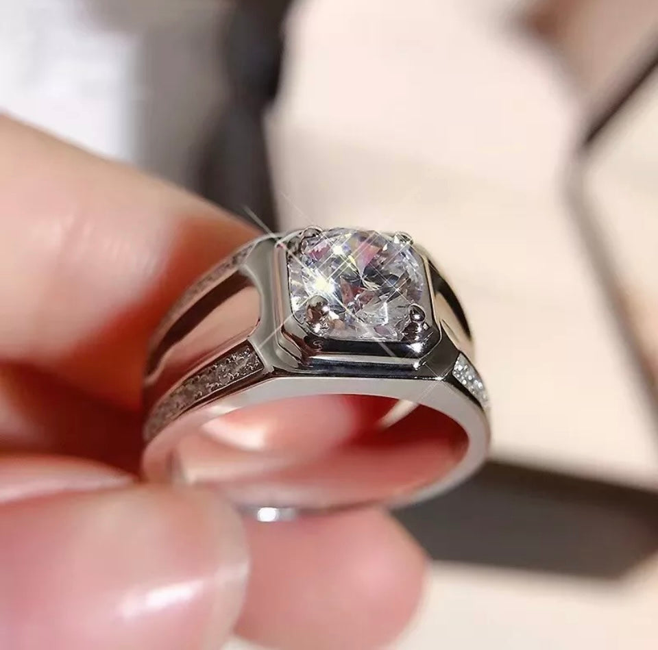 Mens Silver Ring Diamond Gemstone Cubic Zicronia Stainless Steel
