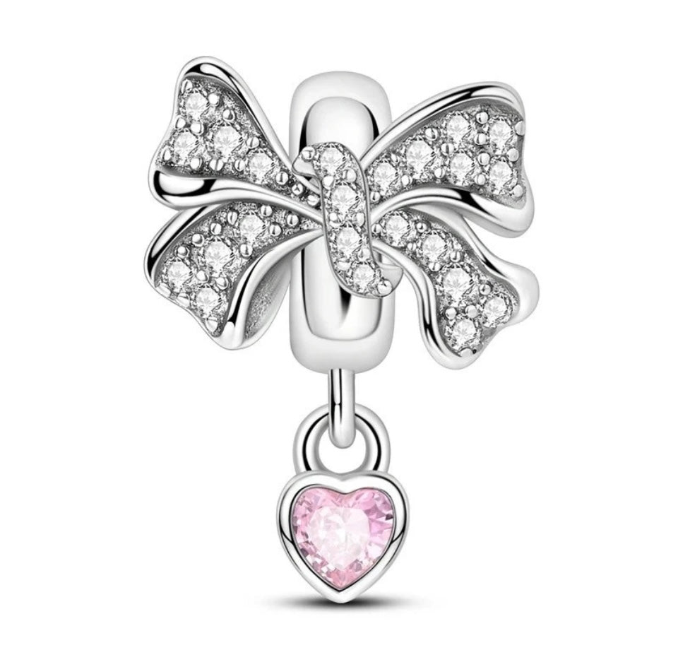 Pink Heart Bow Bead Charm For Bracelets S925 Sterling Silver