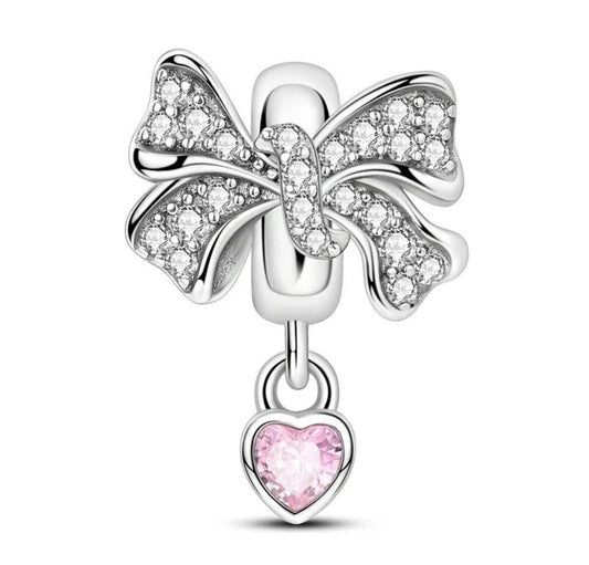 Pink Heart Bow Bead Charm For Bracelets S925 Sterling Silver
