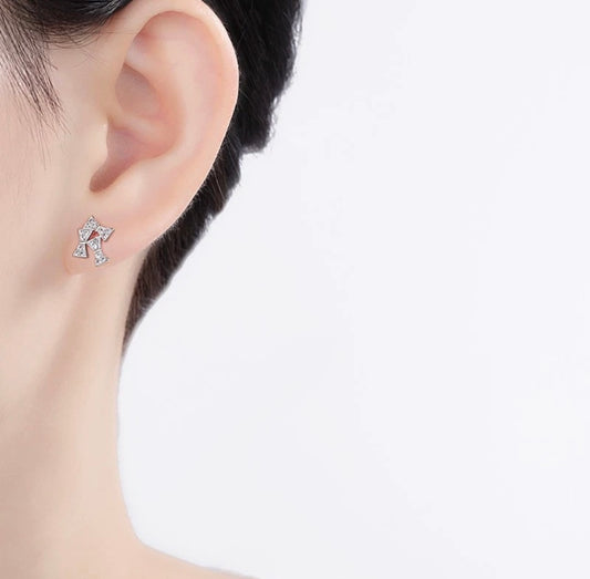 925 Sterling Silver 3 Bow Tie Knot CZ Crystal Stud Earrings