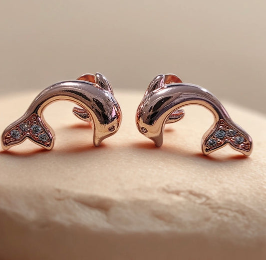 Rose Gold PLATED 925 Silver Dolphin CZ Stud Earrings