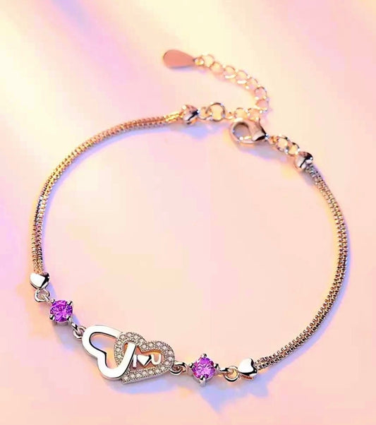 925 Sterling Silver Crystal Double Love Heart Charm Bracelet purple
