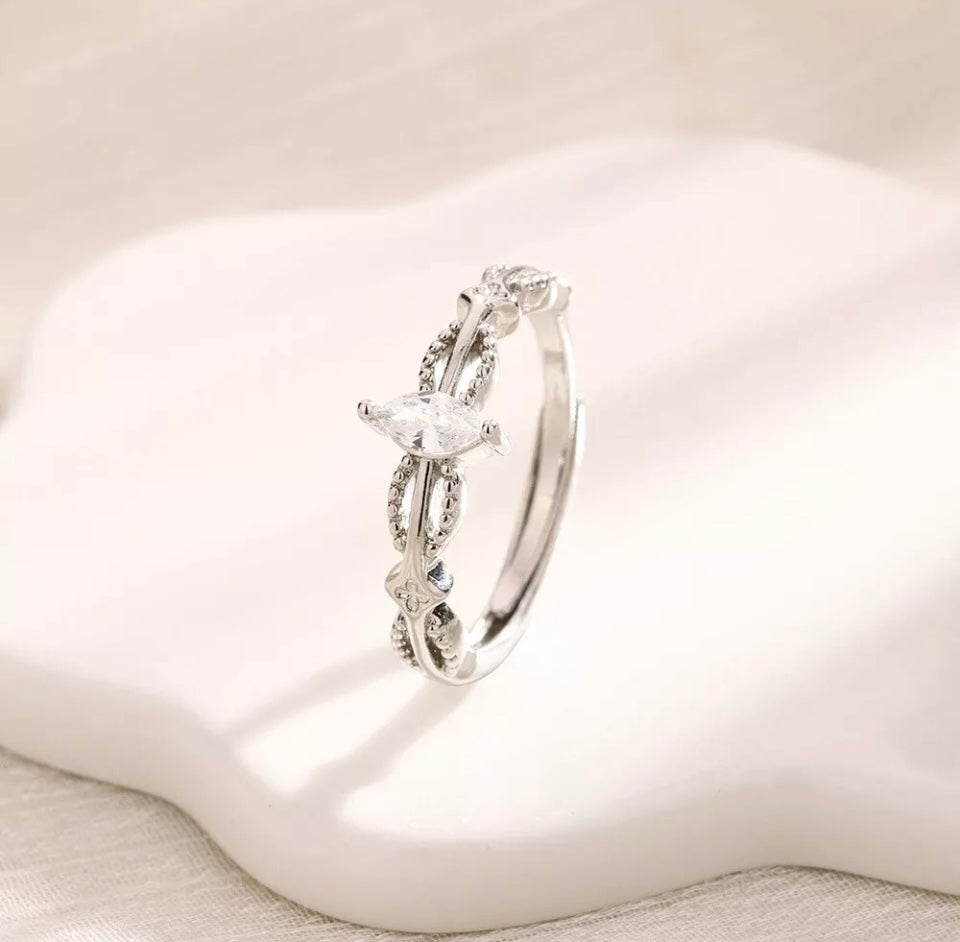 Silver Double Layer Crystals Adjustable Ring