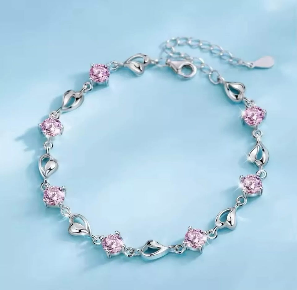 UK Women Fashion Jewelry Sterling Silver Heart Crystal Charm Bracelet Pink