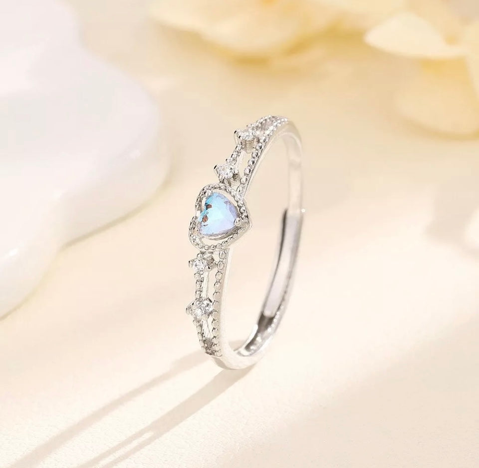 Silver Moonstone Heart Crystals Adjustable Ring