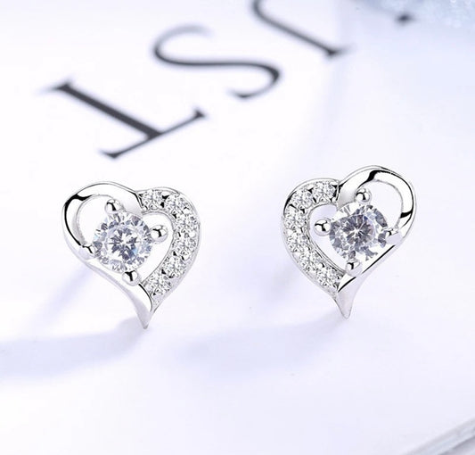 925 Sterling Silver CZ Crystal Love Heart Stud earrings