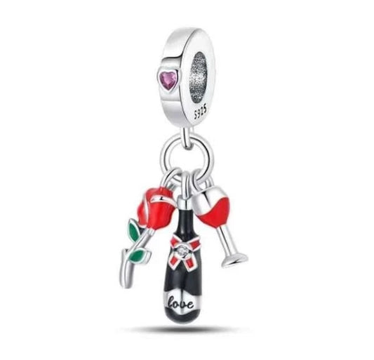 Bottle Of wine, Red Rose And Wine Glass Charm Bead Dangle 925 Sterling Silver
