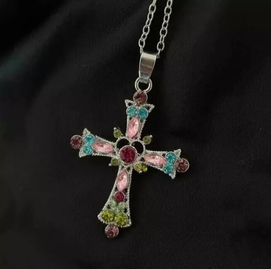 Crystals Cross Elegant Pendant Necklace Sterling Silver Green