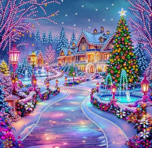 Aurora Christmas Snow House Diamond Painting Kit: 5D DIY Crystal (30cm x 30cm)