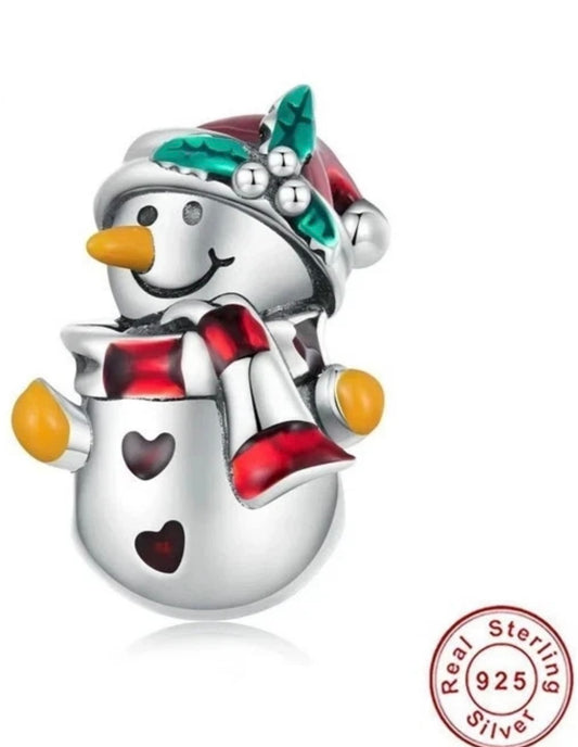 Christmas Snowman Charm 925 Sterling Silver Red Scarf Santa Hat