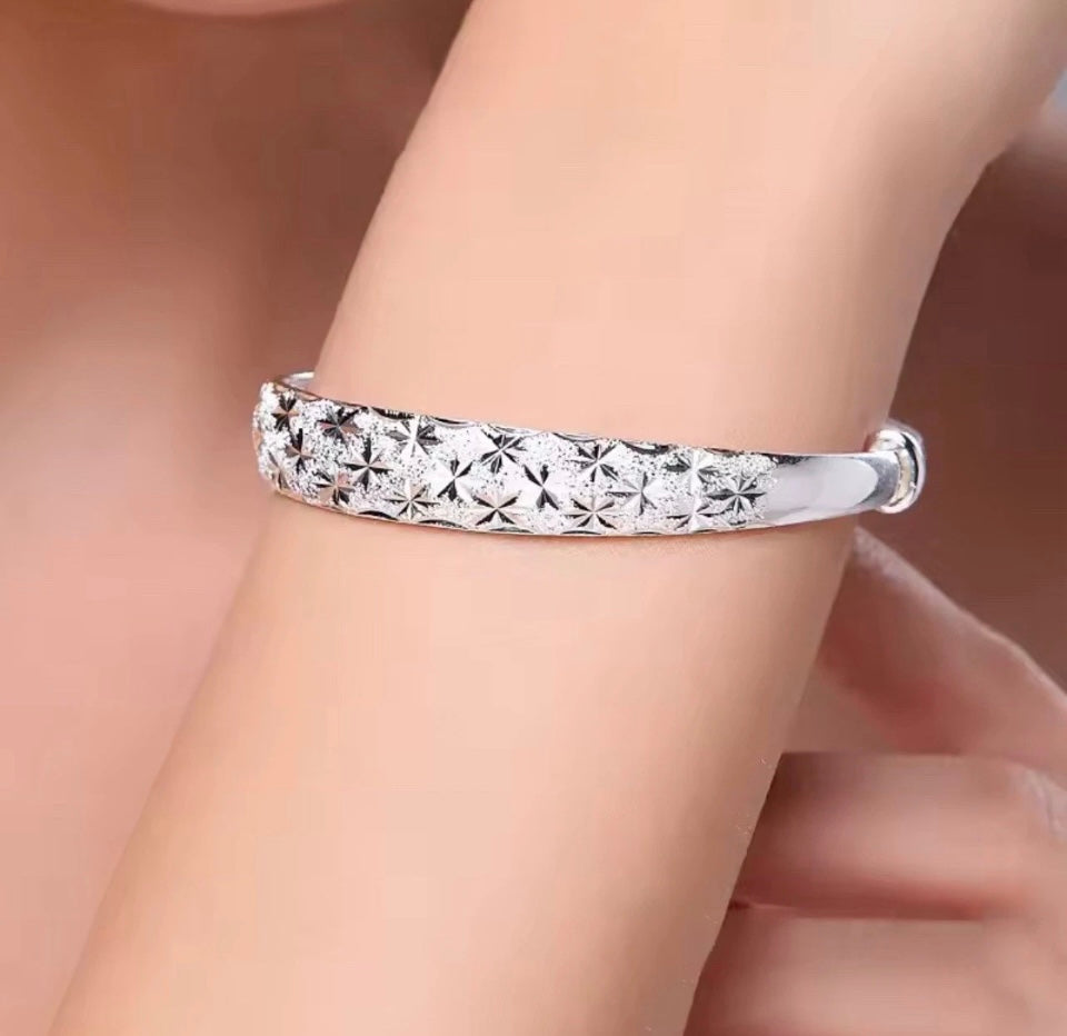 925 Sterling Silver Floral Cuff Bangle Bracelet