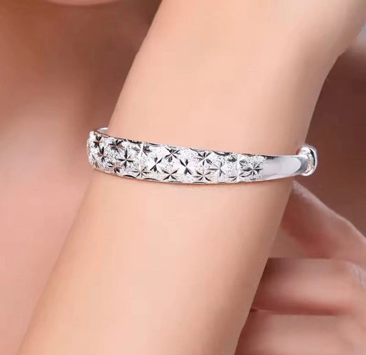 925 Sterling Silver Floral Cuff Bangle Bracelet