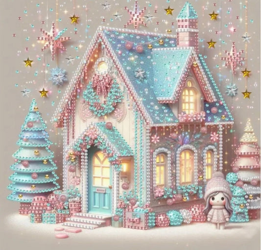 Pastel Christmas Cottage Diamond Painting Kit: 5D DIY Crystal (30cm x 30cm)