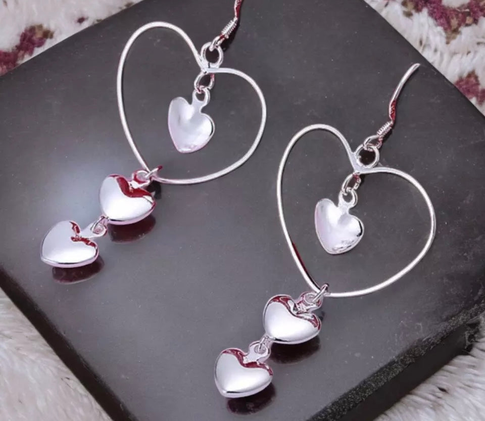 Silver Heart Earrings Triple Heart Dangle Drop Love Free Gift Bag