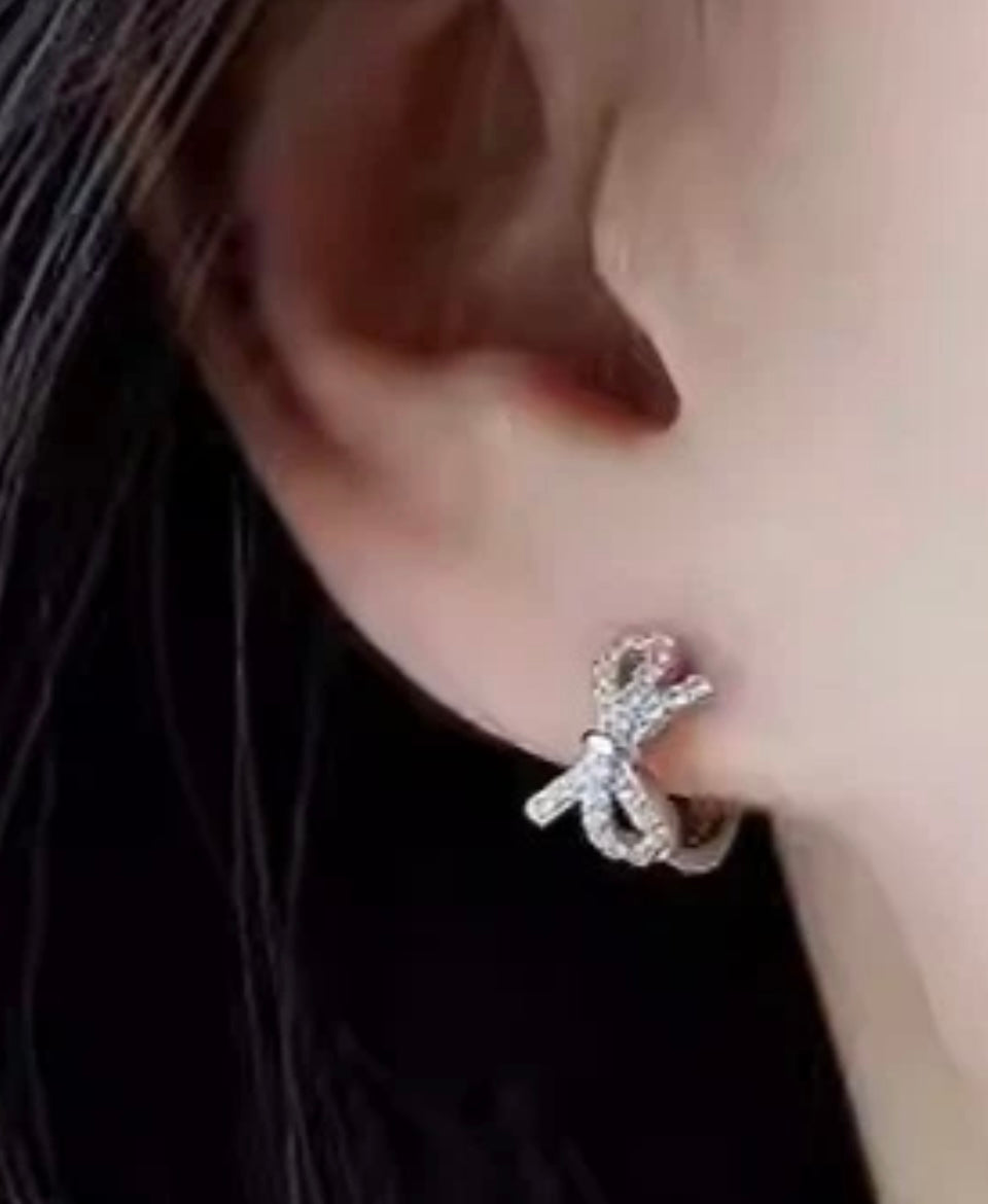 925 Sterling Silver Bow Knot CZ Crystal Hoop Circle Ring Huggie Earrings