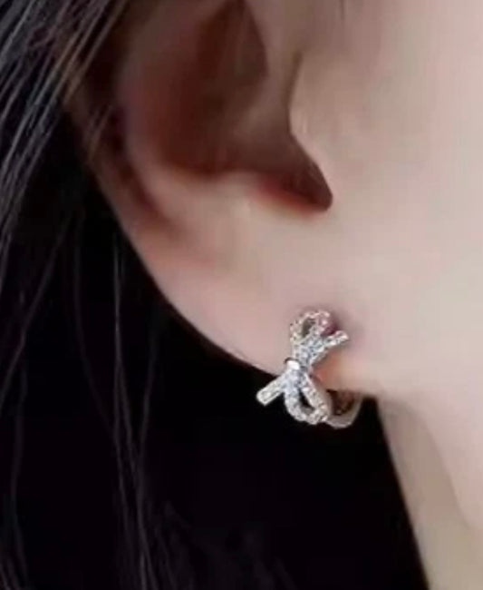 925 Sterling Silver Bow Knot CZ Crystal Hoop Circle Ring Huggie Earrings