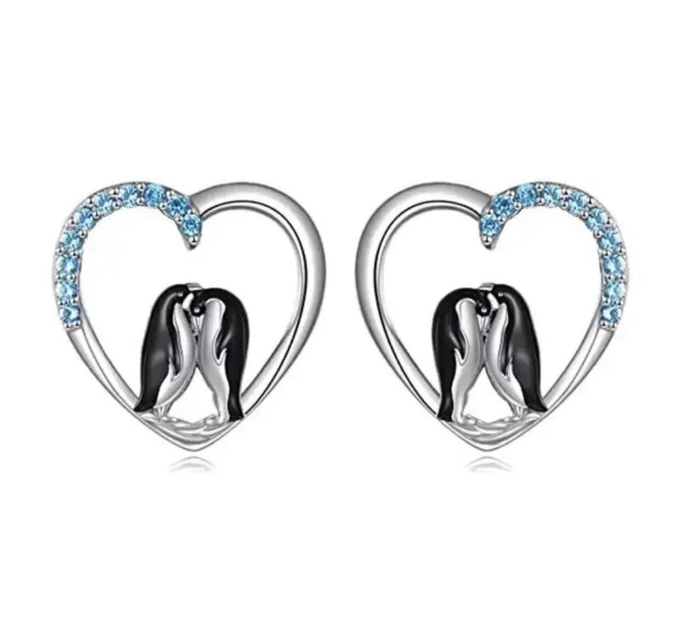 Cute 925 Silver Emperor Penguin Love Heart Stud Earrings