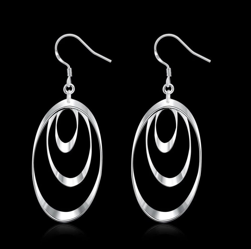 Silver Oval Earrings Shiny Triple Oval Loop Dangle Free Gift Bag