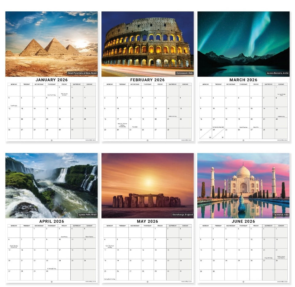 2026 World Wonders Calendar Wall Monthly Planner Family Home Organiser
