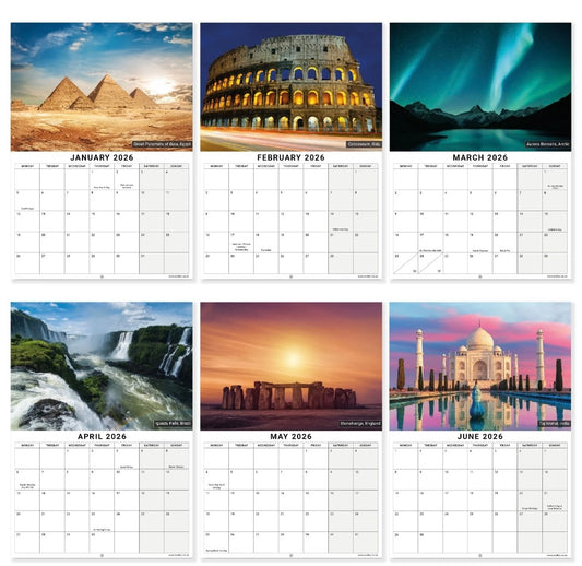 2026 World Wonders Calendar Wall Monthly Planner Family Home Organiser