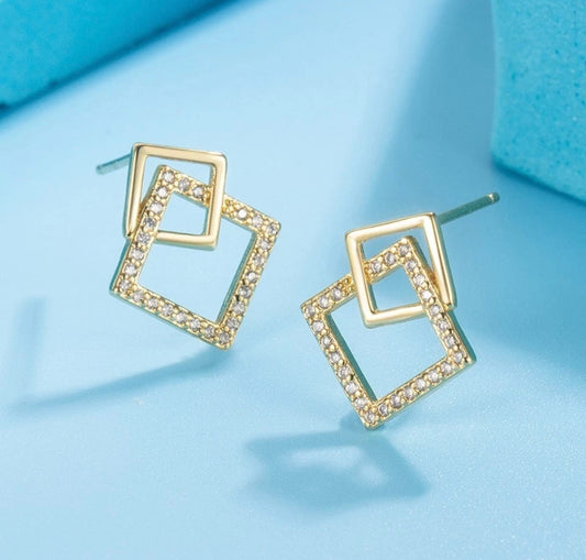 925 Sterling Silver Double Twist Square CZ Crystal Stud Earrings in Gold