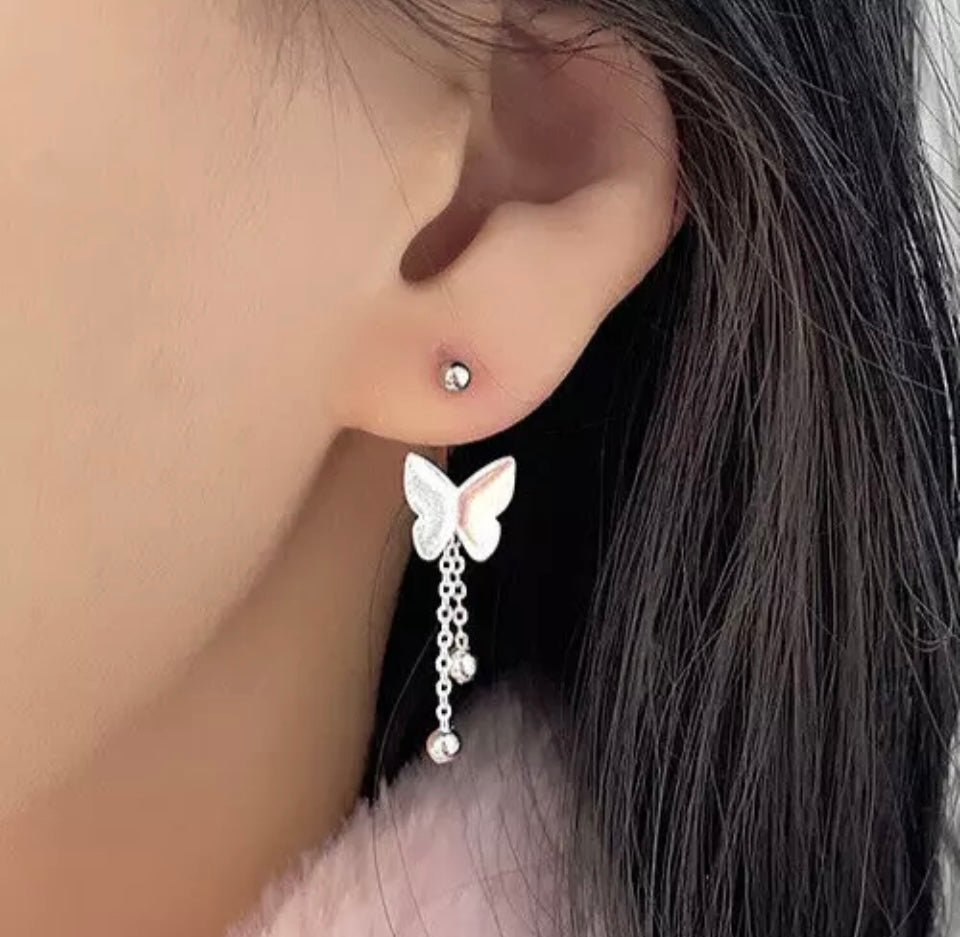 Silver Butterfly Pearls Cute Drop Dangle Stud Hook Earrings