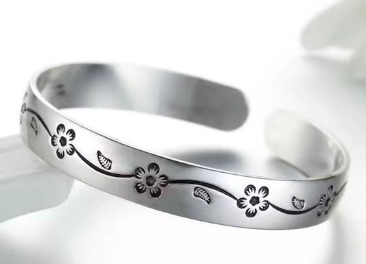 UK Women Men Jewelry Fine 925 Sterling Silver Flower Solid Cuff Bangle Bracelet
