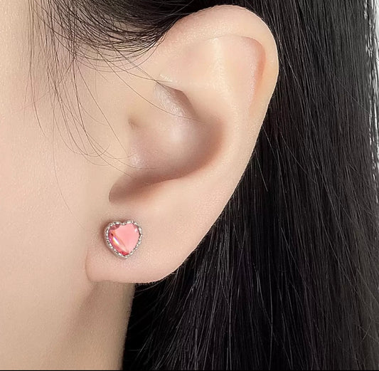 925 Sterling Silver Crystal Pink Heart Stud Earrings