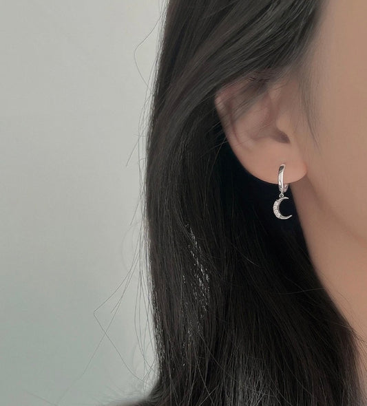 925 Sterling Silver Star Moon Asymmetric Crystal Stud Earrings Gift Womens