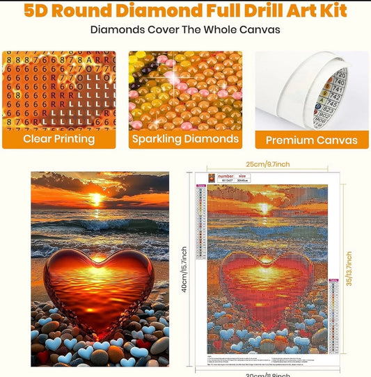 GHHKUD Heart Diamond Painting Kits for Adults, Beach Landscapes