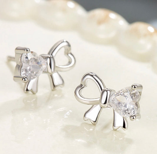 925 Sterling Silver Crystal Bow Stud Earrings