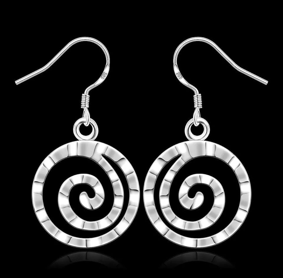 Silver Circle Earrings Drop Hammered Finish Spiral Dangle Gift Bag