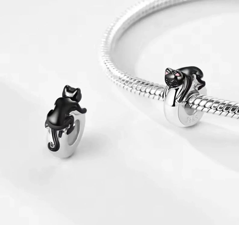 Cute Black Cat Stopper For Bracelets S925 Sterling Silver