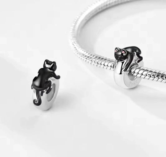 Cute Black Cat Stopper For Bracelets S925 Sterling Silver