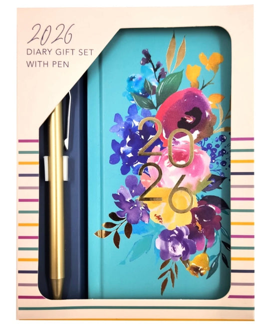 2026 Diary & Pen Slim Size Week to View Diaries Full Year Planner Gift Set Boxed Flowers