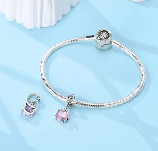Pink Kitty With Paw Print Dangle Charm For Bracelets S925 Sterling Silver