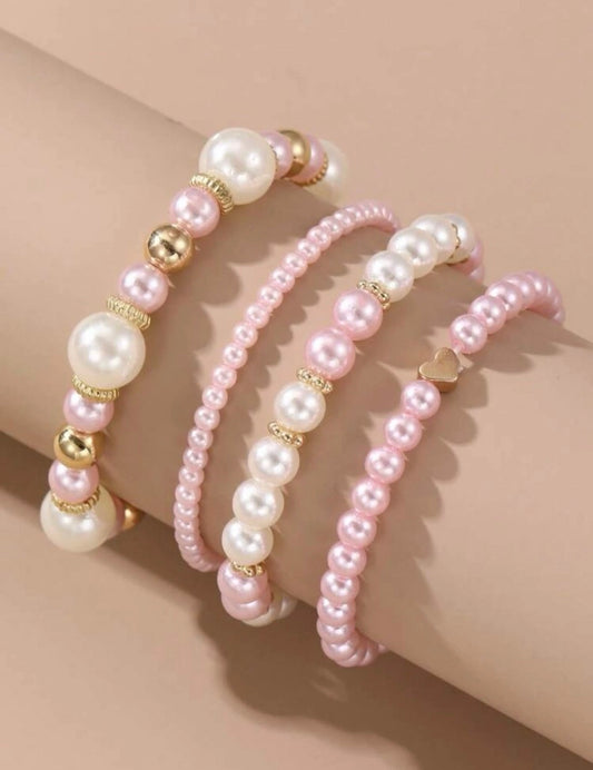 UK Women Jewelry 4pcs Fashionable Love Beaded Faux Pearl Bracelet Set Pink White