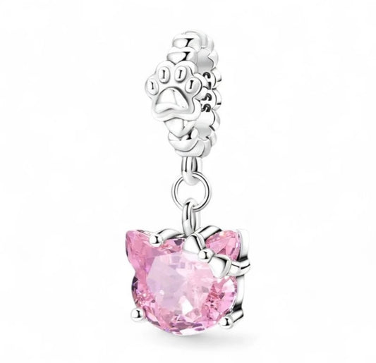 Pink Kitty With Paw Print Dangle Charm For Bracelets S925 Sterling Silver