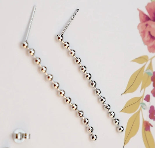 925 Sterling Silver Plain Beads Wire Long Drop Earrings