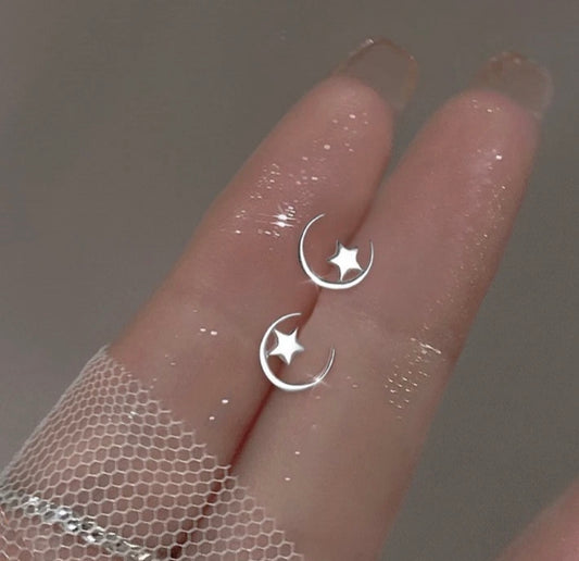 925 Sterling Silver Crescent Moon Star Stud Earrings