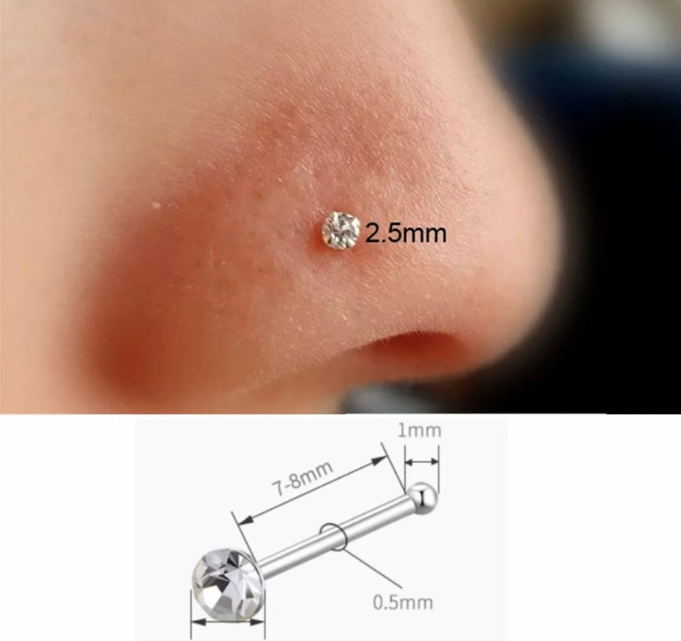 PAIR Nose Stud 925 Sterling Silver 1.5- 3mm Crystal 0.5mm Thin Bone Straight Bar