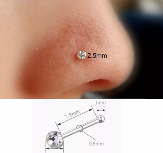 PAIR Nose Stud 925 Sterling Silver 1.5- 3mm Crystal 0.5mm Thin Bone Straight Bar