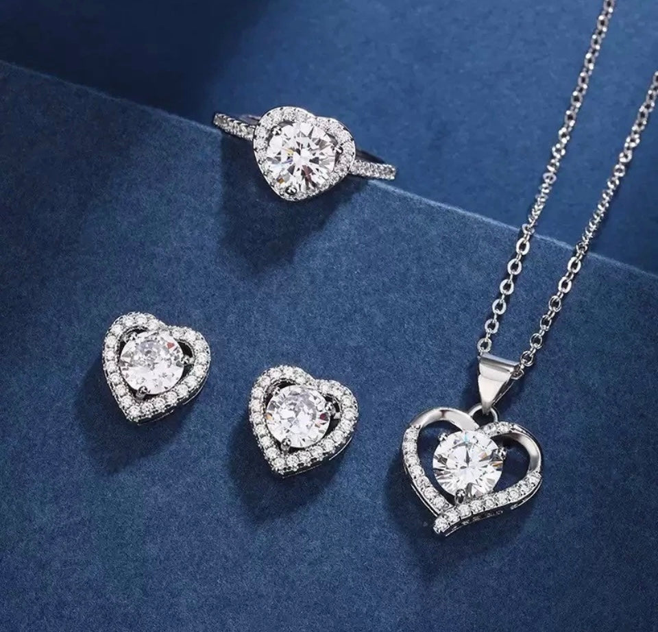 925 Sterling Silver Crystal Heart Pendant Necklace, Stud Earrings and ring set