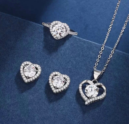 925 Sterling Silver Crystal Heart Pendant Necklace, Stud Earrings and ring set