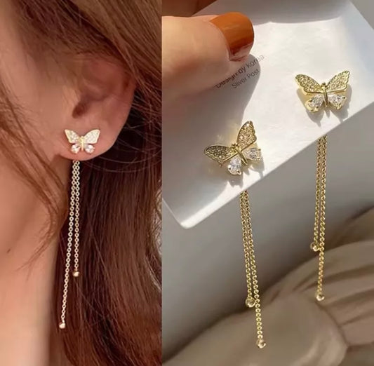 Fashion Jewellery Butterfly Tassel Dangle Drop Earrings Gold
