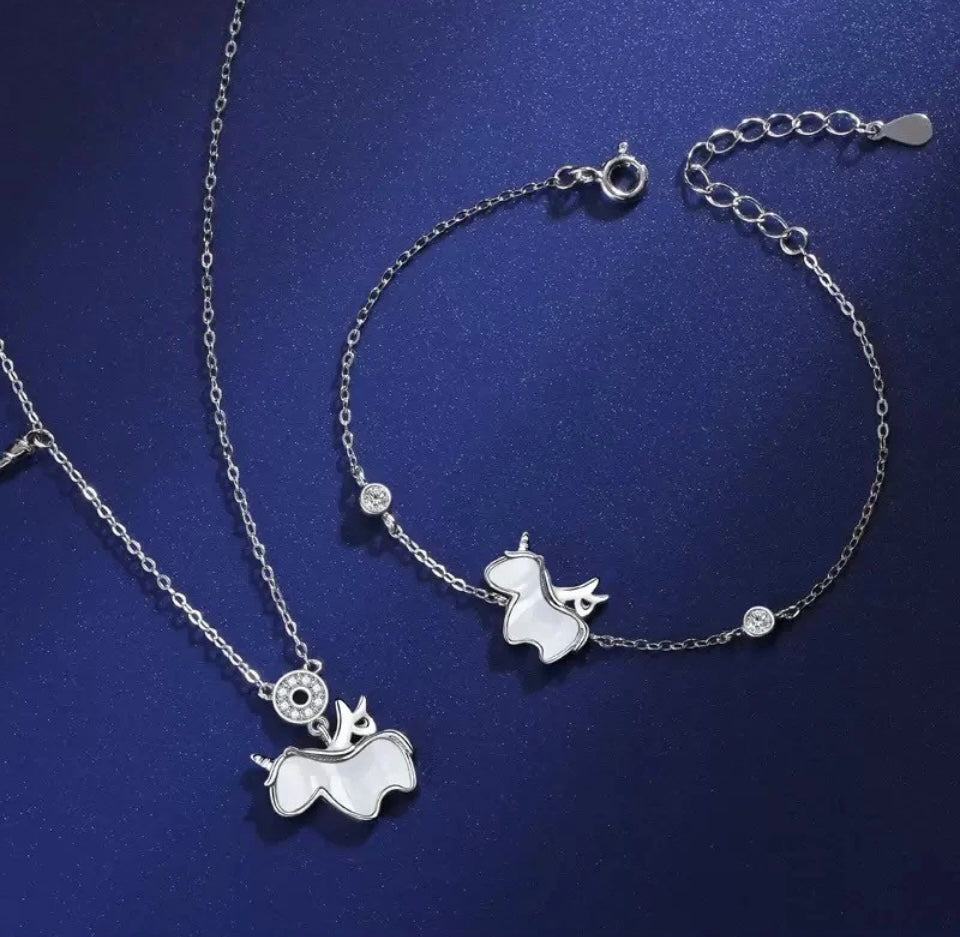 925 Sterling Silver Cute Unicorn Charm Bracelet and Necklace set