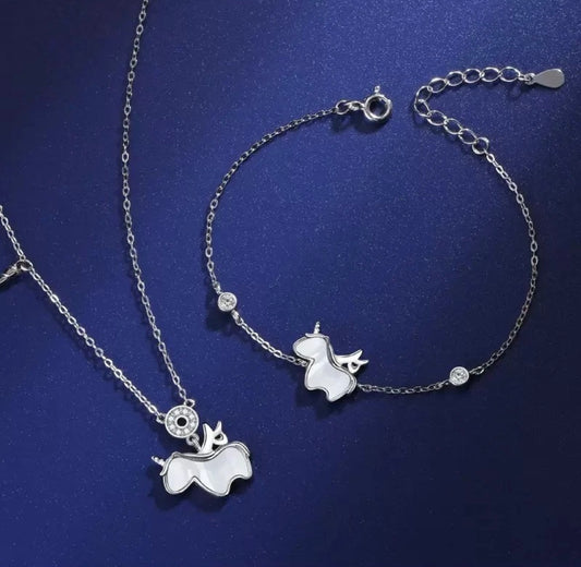 925 Sterling Silver Cute Unicorn Charm Bracelet and Necklace set