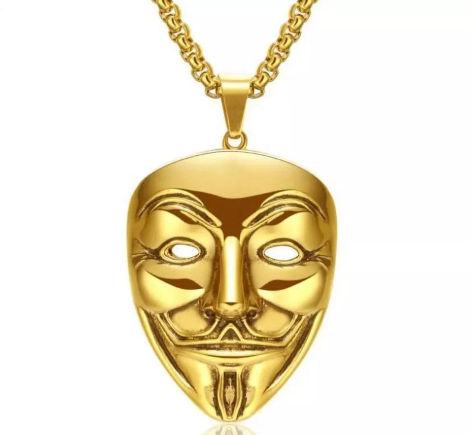 Vendetta Mask Pendant Guy Fawkes Gold Necklace Gothic Biker