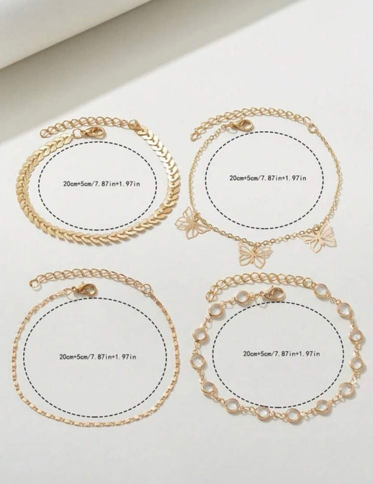 4pc/Set Boho Fashion Jewelry Heart Butterfly Chain Anklet Bracelet