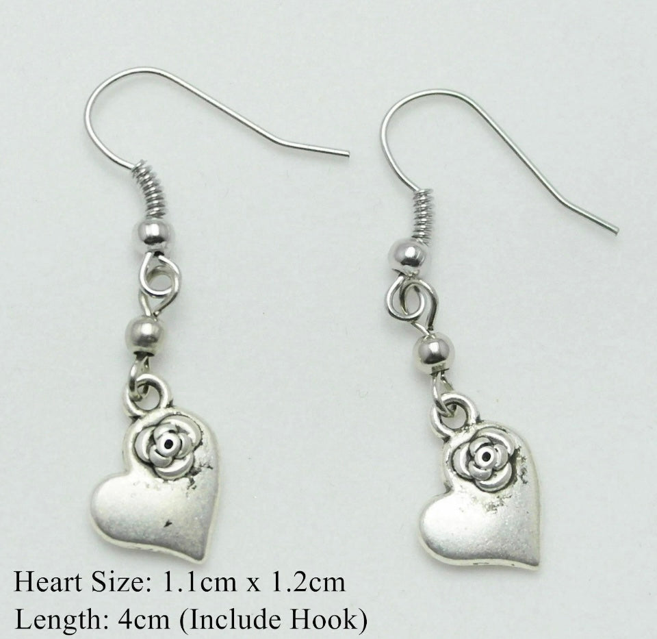 Tibetan Silver Flower Love Heart Charm Drop Dangle Hook Earrings